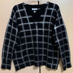 Calvin Klein Womens Relaxed V-Neck Long Sleeve Sweater Silver Windowpane Black L